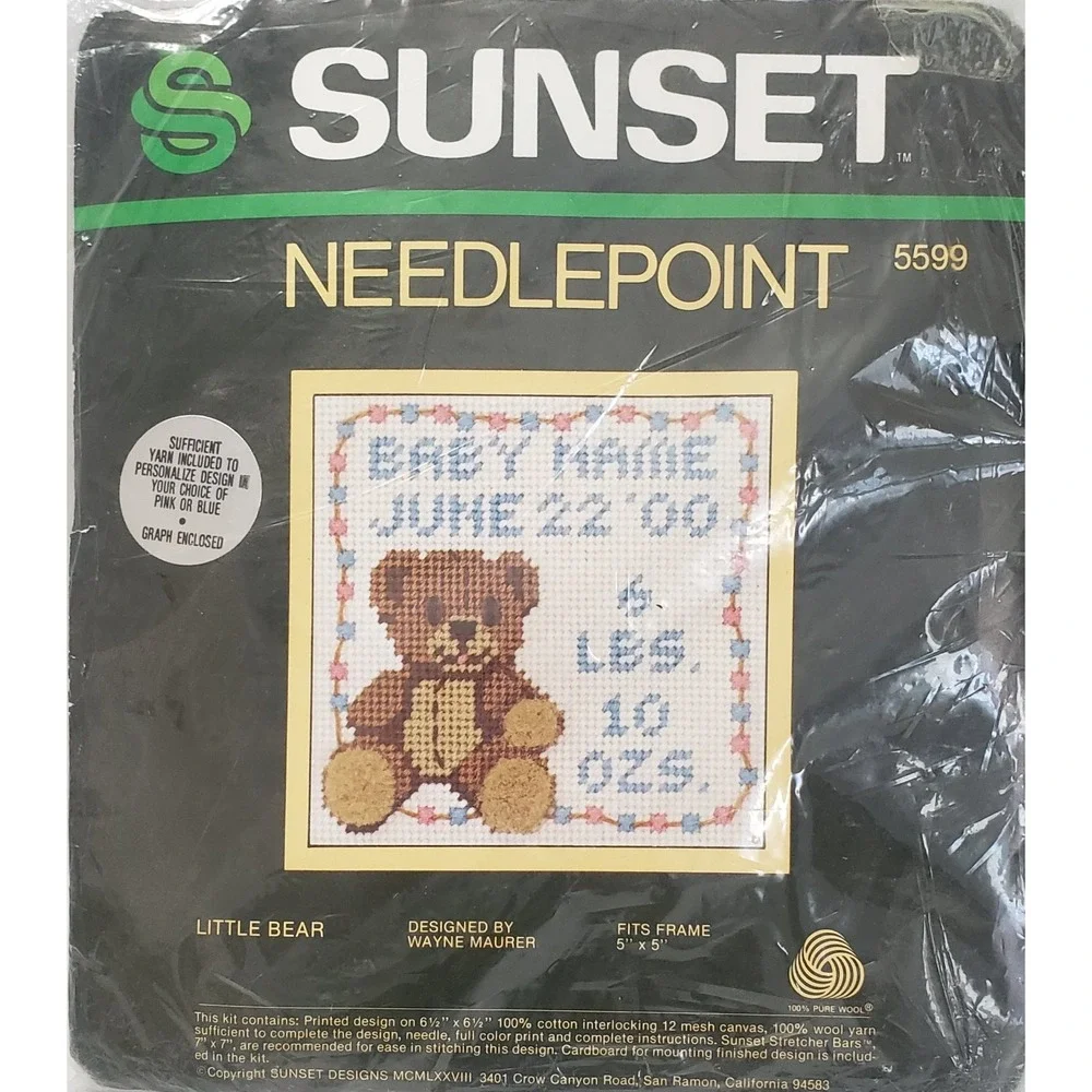 Little Bear Baby Birth Record Vintage Needlepoint Kit Sunset 5x5